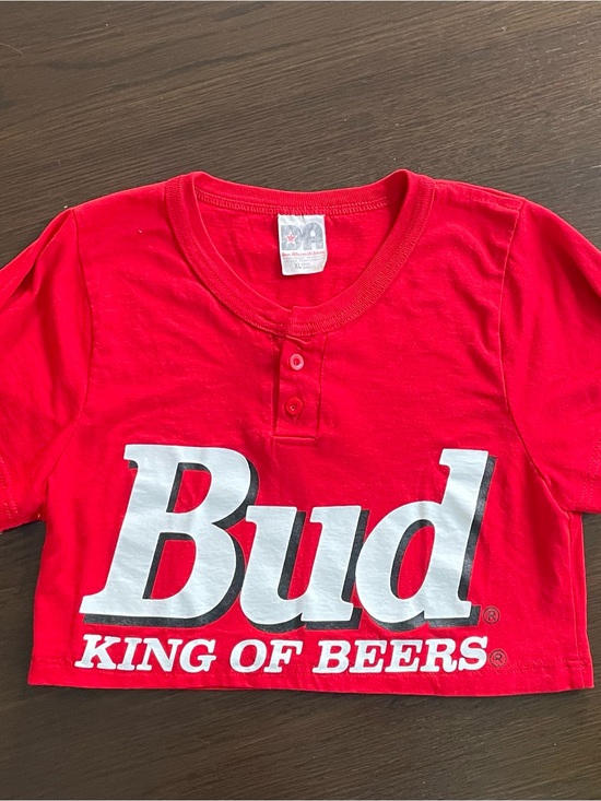 Don Alleson Tops - VTG Bud King Of Beers Crop Top Women XL Red Cotton Blend Henley Don Alleson Y2K